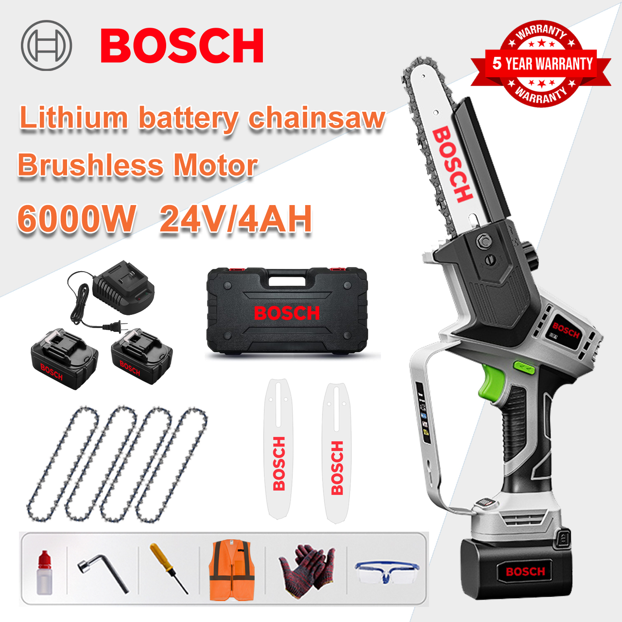 [Modelo normal/5 años de garantía] Sierra eléctrica de litio de 8 pulgadas y 6000 W, 2 baterías de 24 V, cargador, 2 placas guía, 4 cadenas, caja de herramientas, lubricante y gafas de seguridad.