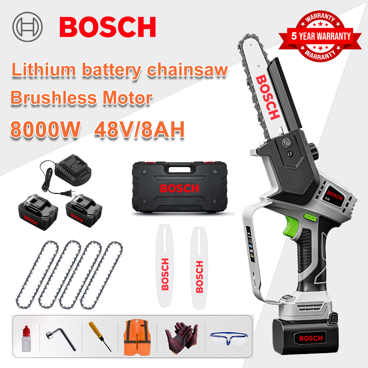 [Modelo normal/5 años de garantía] Sierra eléctrica de litio de 8 pulgadas y 8000 W, 2 baterías de 48 V, cargador, 2 placas guía, 4 cadenas, caja de herramientas, lubricante, gafas de seguridad.