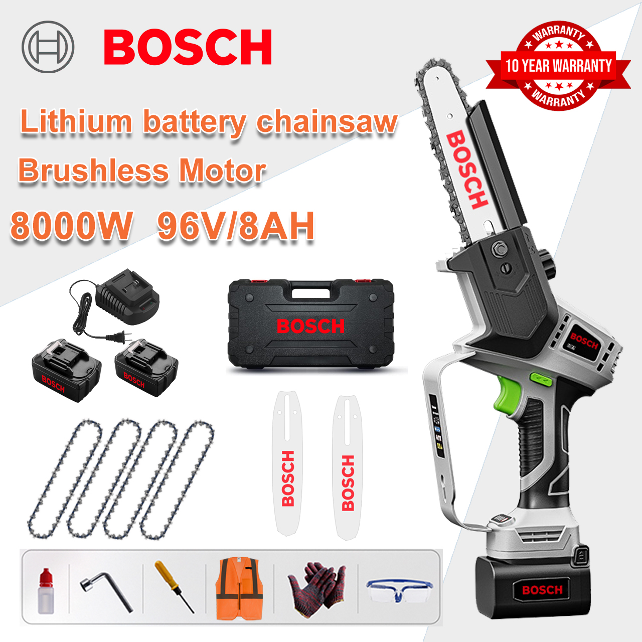 [Versión extendida/10 años de garantía] Sierra eléctrica de litio de 10 pulgadas y 10 000 W, 2 baterías de 72 V, cargador, 2 barras guía, 4 cadenas, caja de herramientas, lubricante y gafas de seguridad, motor potente para un corte de piedra eficiente.